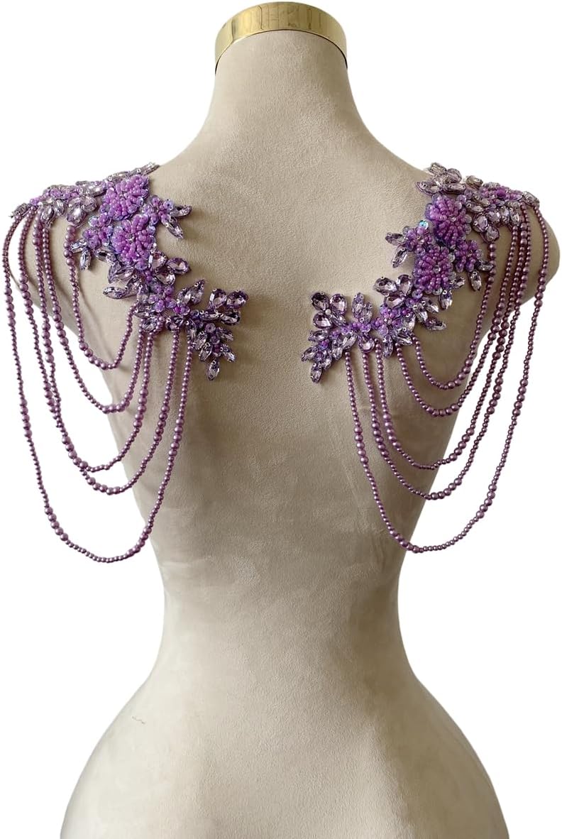 wtbvn 1 Pair Beaded Rhinestones Applique Embellishment for Clothes Epaulettes Shoulder Patches Sew-on Diamond Sequin Tassels Applique for Wedding Dress DIY Accessories 9.8X10.2inches (Violet) - Image 1